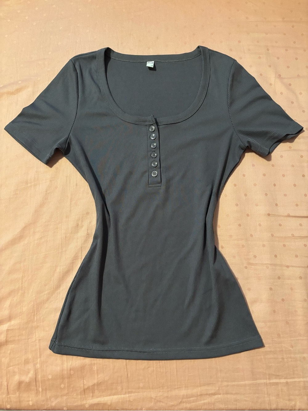 Classic Ribbed Scoop Neck Button-Front Henley Top - Charcoal